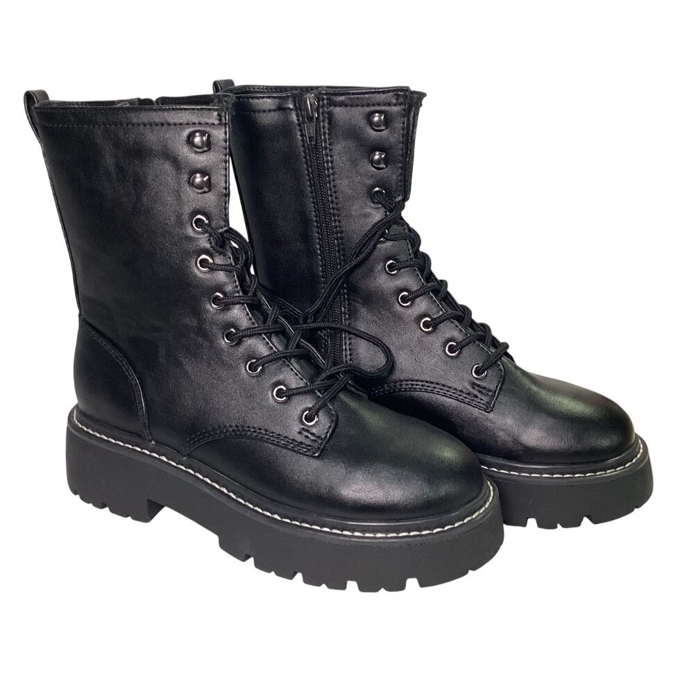 Wild Fabel Women's Thick Sole Lac e/ Zip Up Sides Boot Black Size 8.5 New No Tag